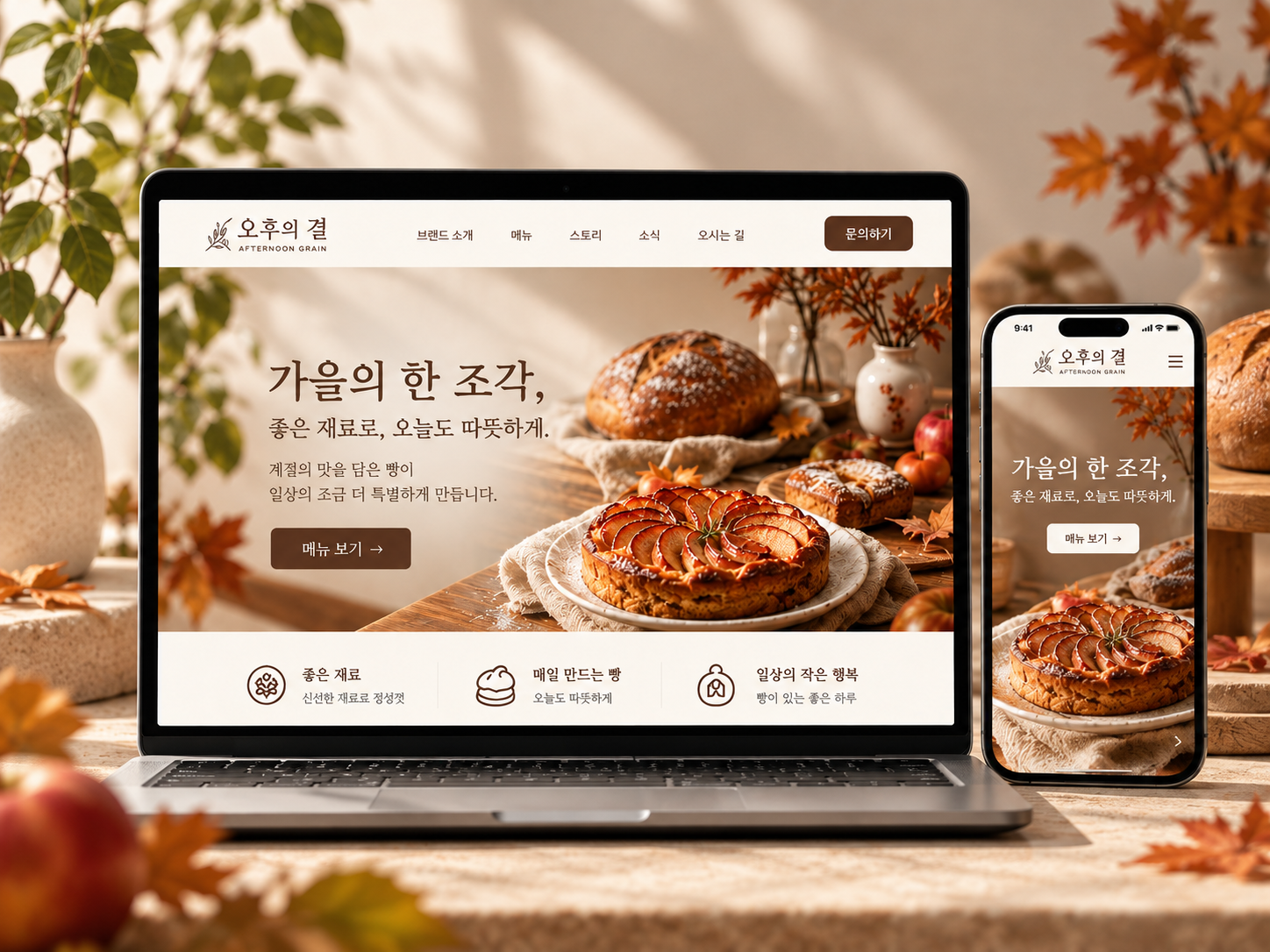 오후의 결 홈페이지 PC·모바일 디자인